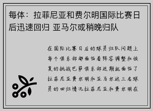 每体：拉菲尼亚和费尔明国际比赛日后迅速回归 亚马尔或稍晚归队
