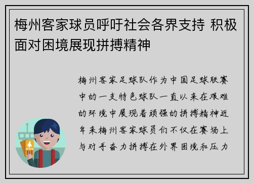 梅州客家球员呼吁社会各界支持 积极面对困境展现拼搏精神